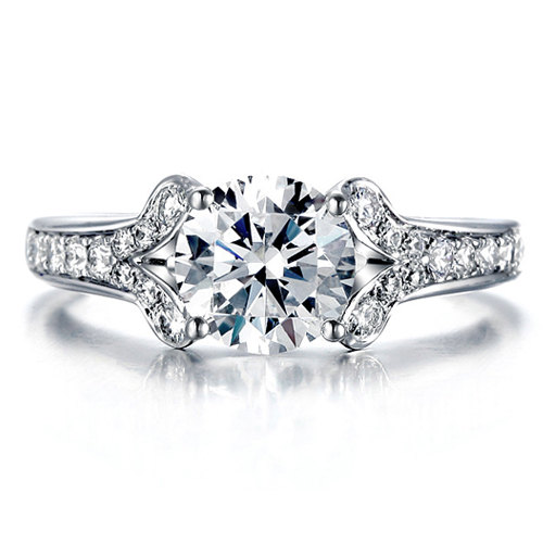 Wedding - Round Shape Split Shank Diamond Engagement Ring 14k White Gold or Yellow Gold Art Deco Diamond Ring