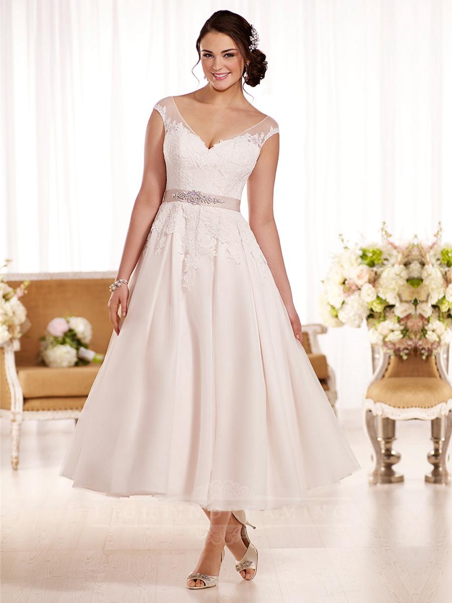Wedding - Off the Shoulder A-line Tea Length Wedding Dress - LightIndreaming.com