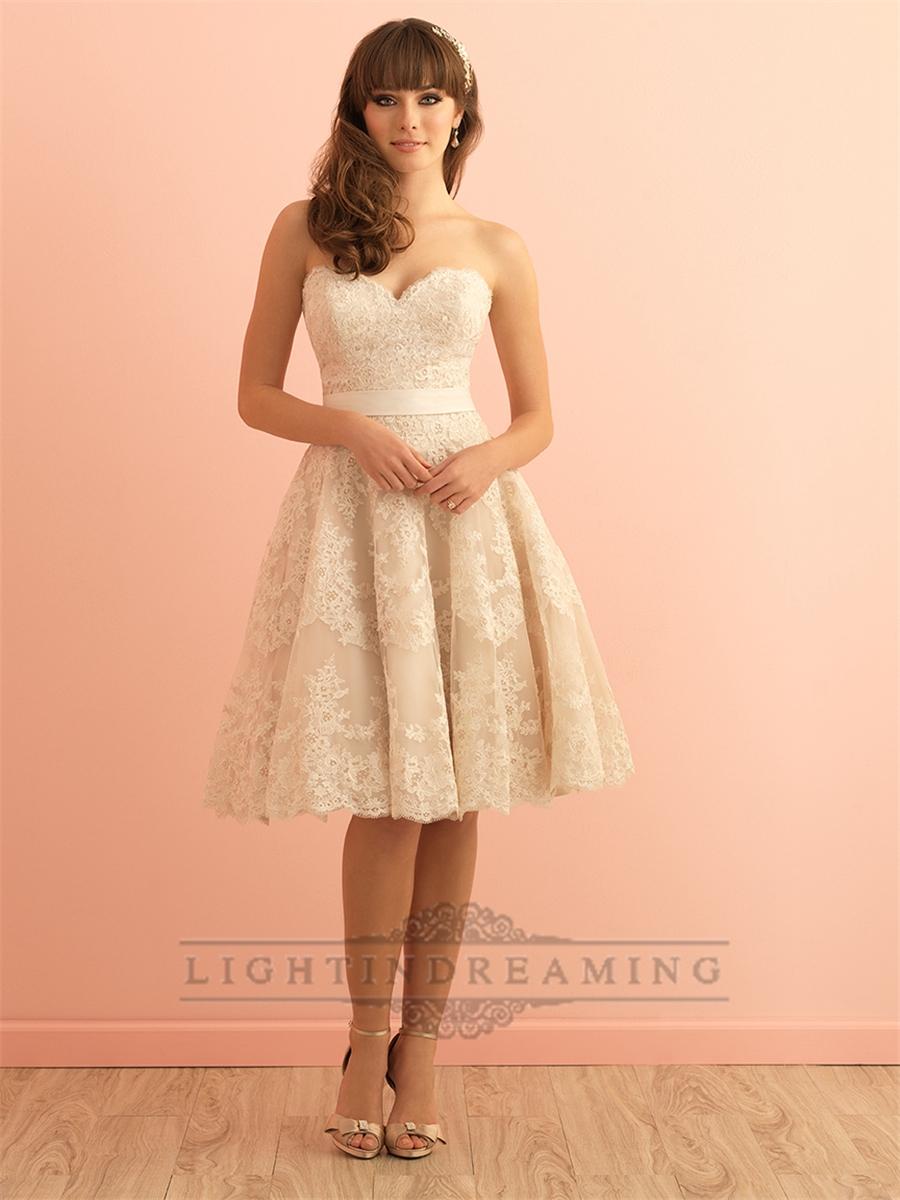 Mariage - Strapless Sweetheart Knee Length Vintage Lace Wedding Dress - LightIndreaming.com