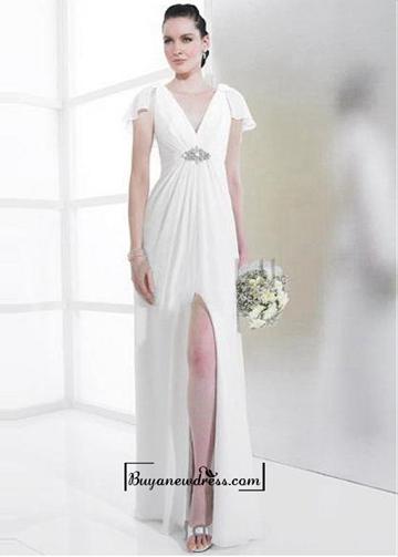 زفاف - Attractive Chiffon & Satin Sheath V-neck Slit Wedding Dress