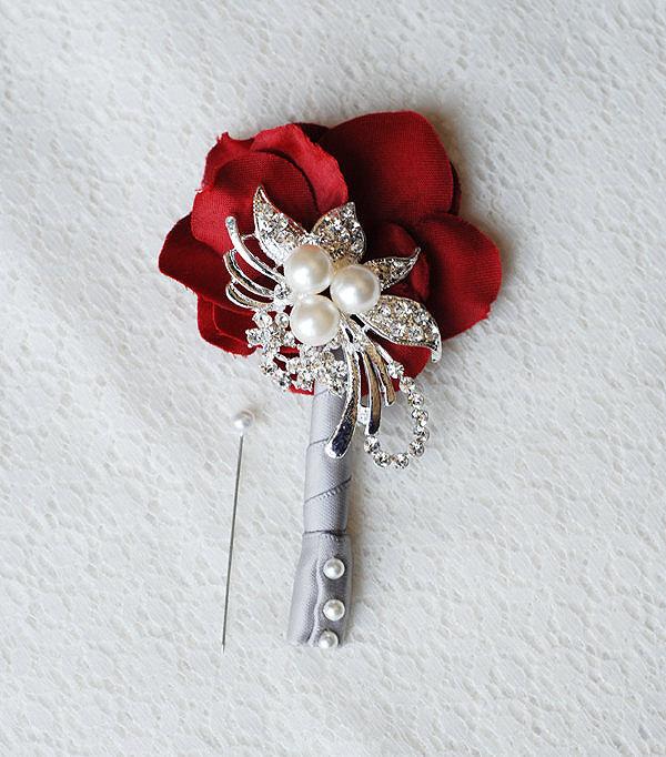 Wedding - Hydrangea Boutonniere Corsages - Pearl Rhinestone Crystal - Silver Red Grey - 25% off - BN003LX