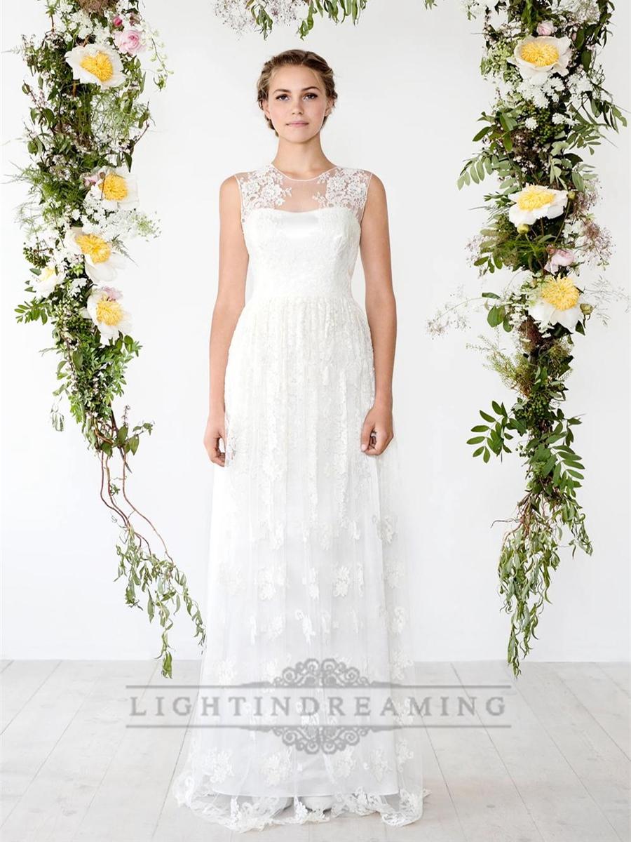 Hochzeit - Illusion Neckline Sheath Lace Over Wedding Dress with Keyhole Back - LightIndreaming.com