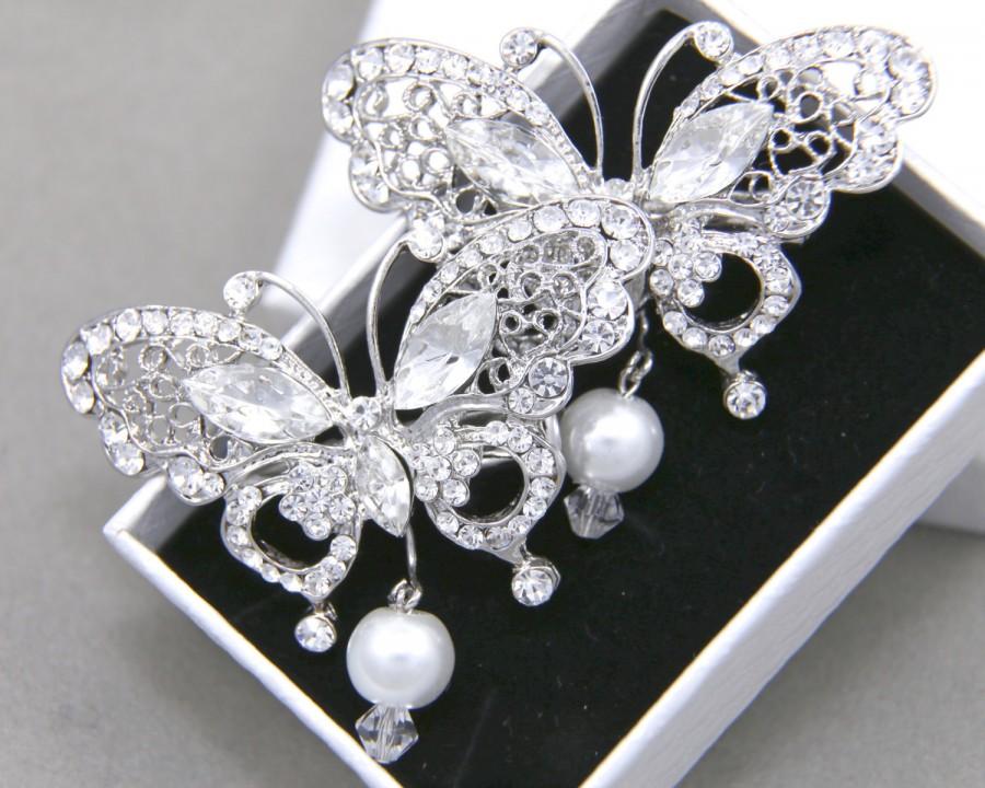 Wedding - Butterfly Rhinestone Crystals Wedding Bridal Hair Clips, White SWAROVSKI Pearl Silver / Ivory SWAROVSKI Pearl Rose Gold Hair Clips