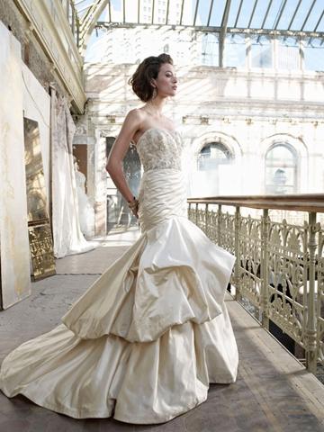 Hochzeit - Antique Silk Faced Satin Pick-up Asymmetrical Pleated Trumpet Wedding Dress