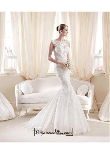 Hochzeit - Alluring Tulle & Satin Bateau Neckline Natural Waistline Mermaid Wedding Dress