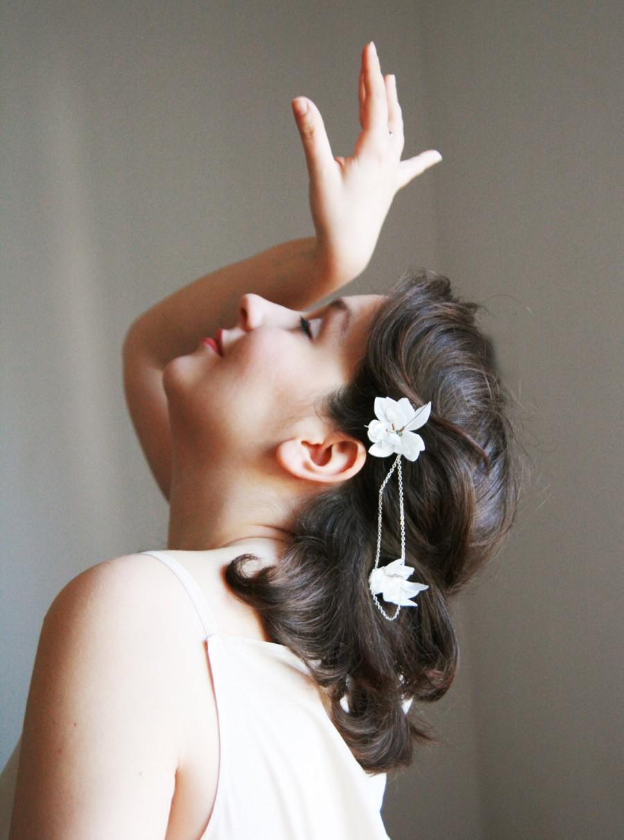 زفاف - Flower bridal Hair, soft rose flower with silver chain- weddings- flower girl