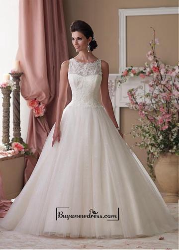 Wedding - Alluring Tulle & Sequins Mesh & Satin Jewel Neckline Dropped Waistline A-line Wedding Dress
