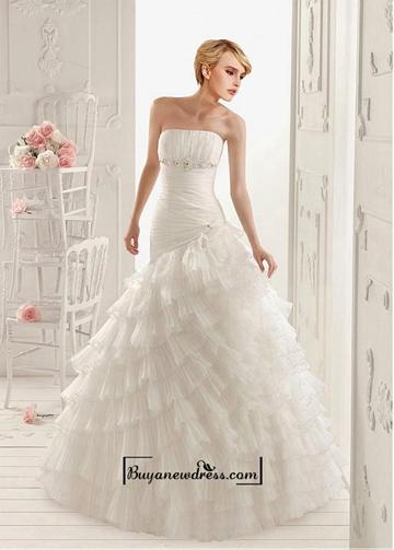 Hochzeit - Alluring Organza Satin & Stabilized Tricot A-line Strapless Neckline Asymmetrical Waist Layered Wedding Dress With Beaded Lace Appliques