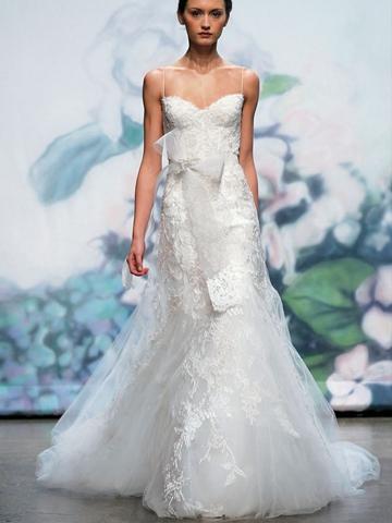 Hochzeit - Embroidered Lace Spaghetti Strap Corset Bodice Wedding Dress with Trumpet Skirt