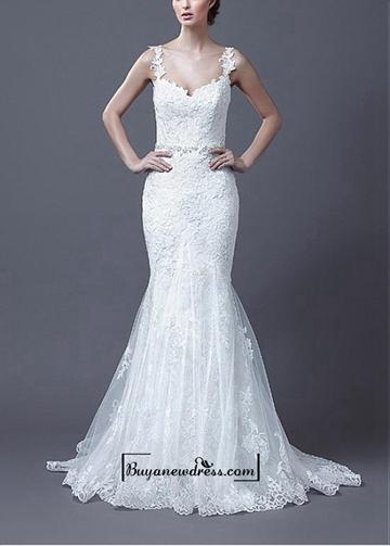 Mariage - Amazing Tulle & Satin Mermaid Spaghetti Straps Natural Waist Beaded Lace Appliques Wedding Dress