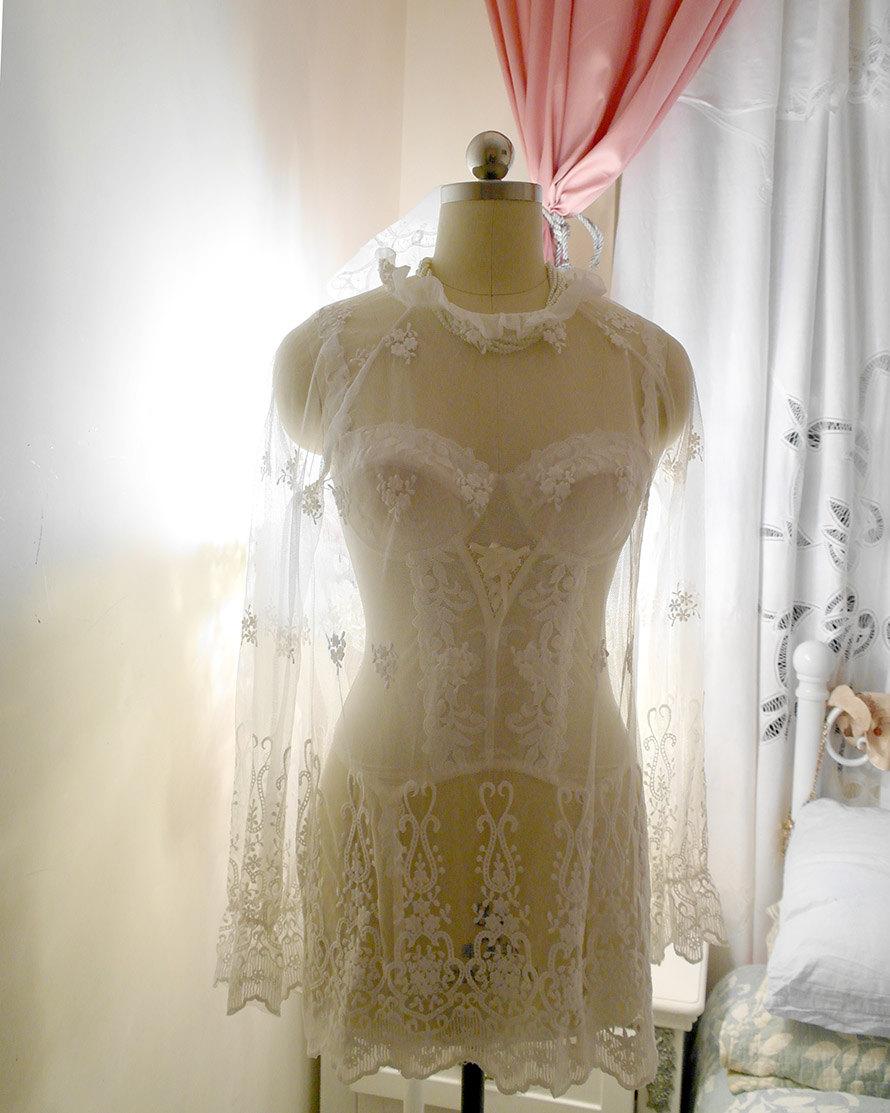 Wedding - Bridal Wedding Lace NightGown Blouse Top , Victorian Bell Long Sleeves Sheer Slip Dress Night gown , Lingerie Wedding Lingerie Honeymoon