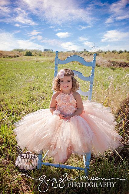 Wedding - Raised Rosette Peach satin and  Lace ....Flower Girl Dress..Vintage Photography Prop..Made to Order