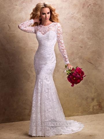 زفاف - Fit and Flare Long Sleeves Sheer Wedding Dress with Sweetheart Neckline