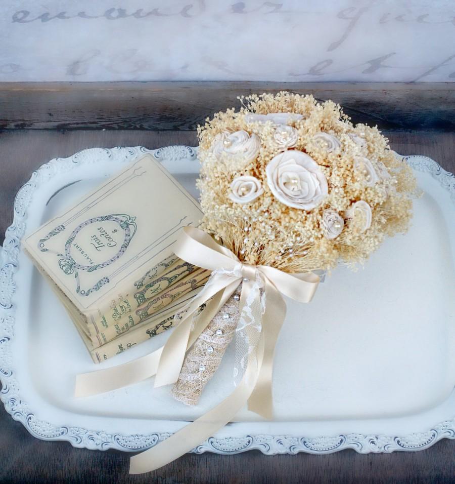 Mariage - Timeless Cream Ivory Bride's Bouquet - Sola Wood Flowers, Bleached Baby's Breath, Burlap, Lace, Bow, Pearls - Rustic Wedding