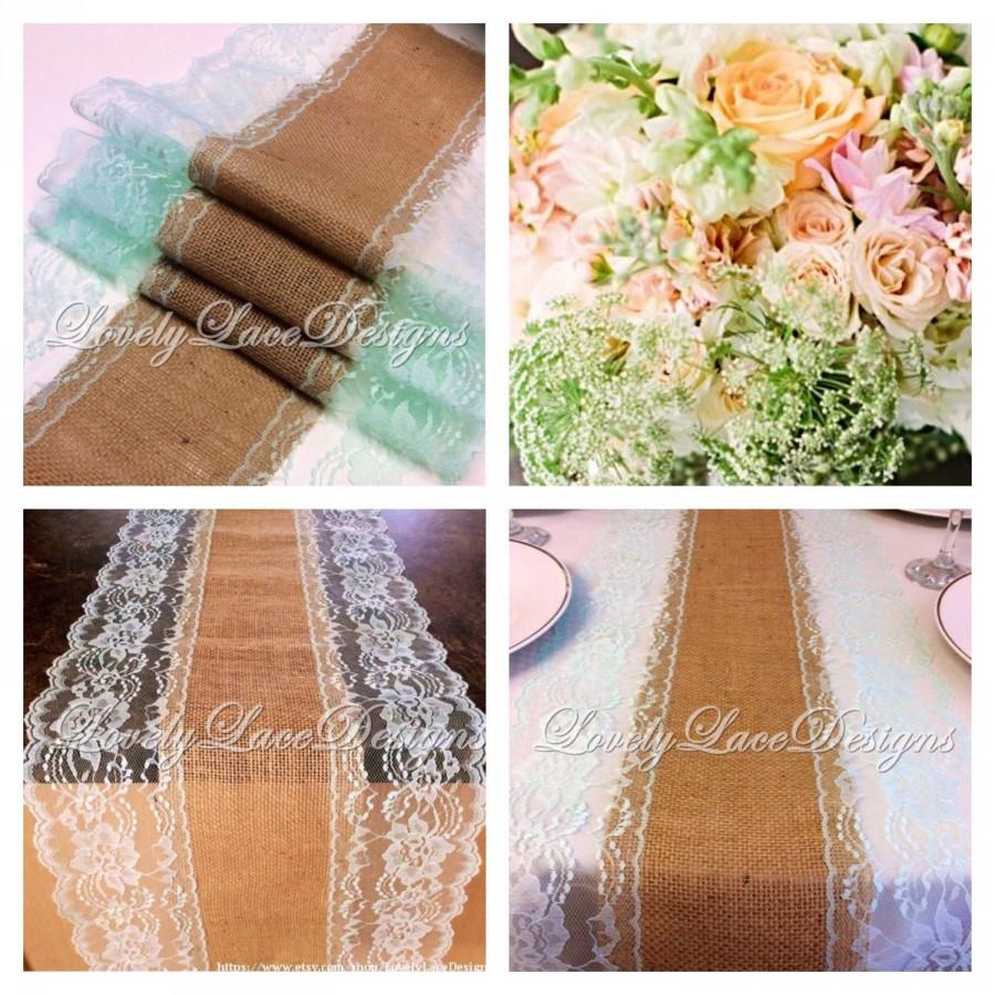 Mariage - Burlap Lace Table  Runner /5ft-10ft/Mint Lace, 13 in wide/Wedding Lace Table Runner, Rustic, Mint Wedding Decor/etsy finds