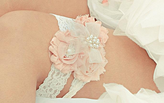 Mariage - Vintage Bridal Garter Blush or Dusty Rose Ivory  Lace Garter with Rhinestones and Pearls  Custom Wedding colors