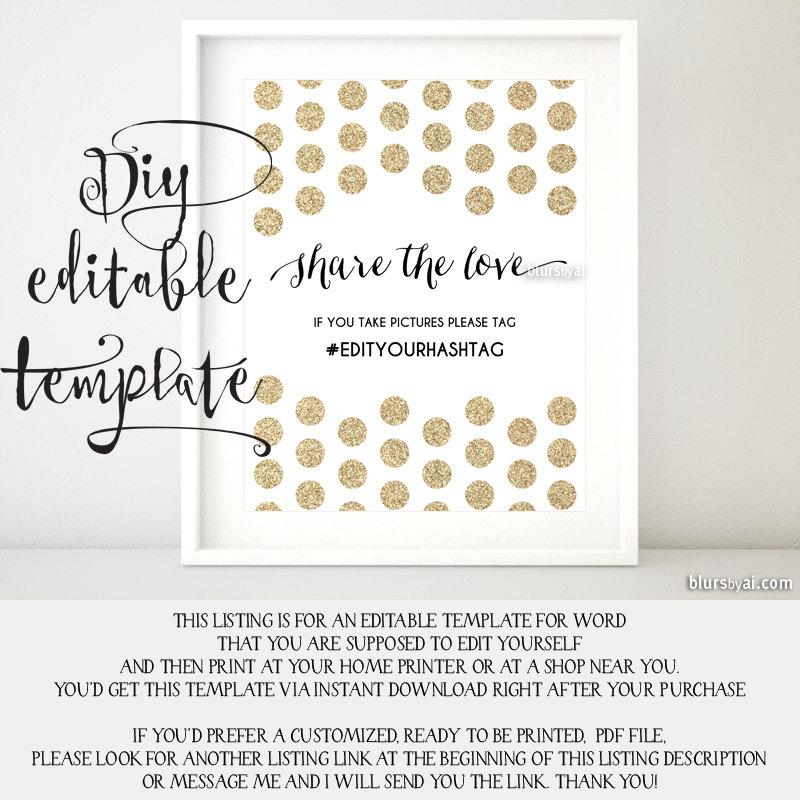 Mariage - Printable hashtag sign TEMPLATE, diy wedding hashtag sign, share the love sign, glitter gold wedding sign, template for Word -gp267 Lucia