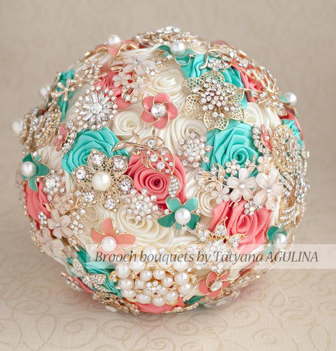 Mariage - Brooch bouquet. Coral, Ivory and Mint wedding brooch bouquet