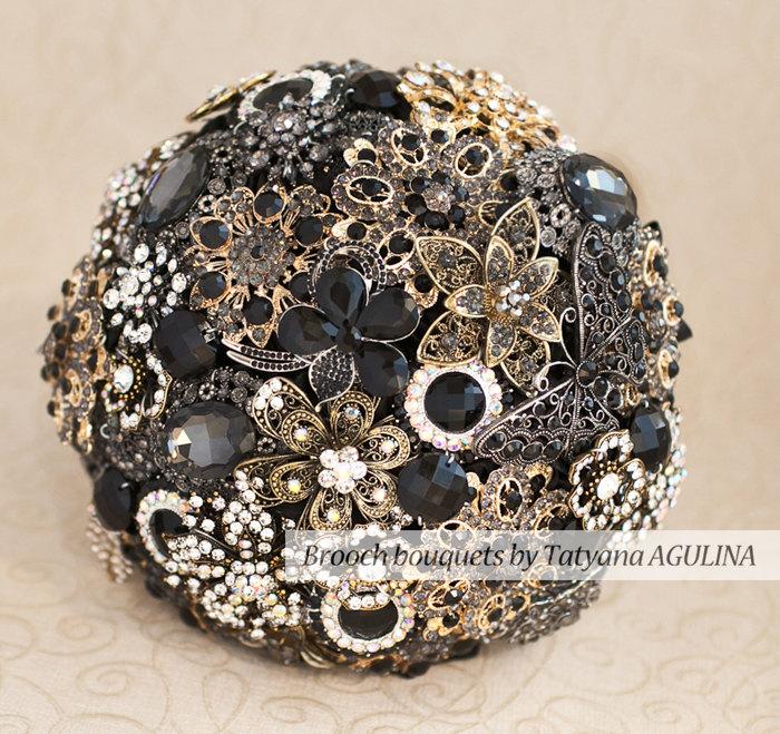 Свадьба - Brooch bouquet. Black and Gold wedding brooch bouquet, Jeweled Bouquet. Made upon request