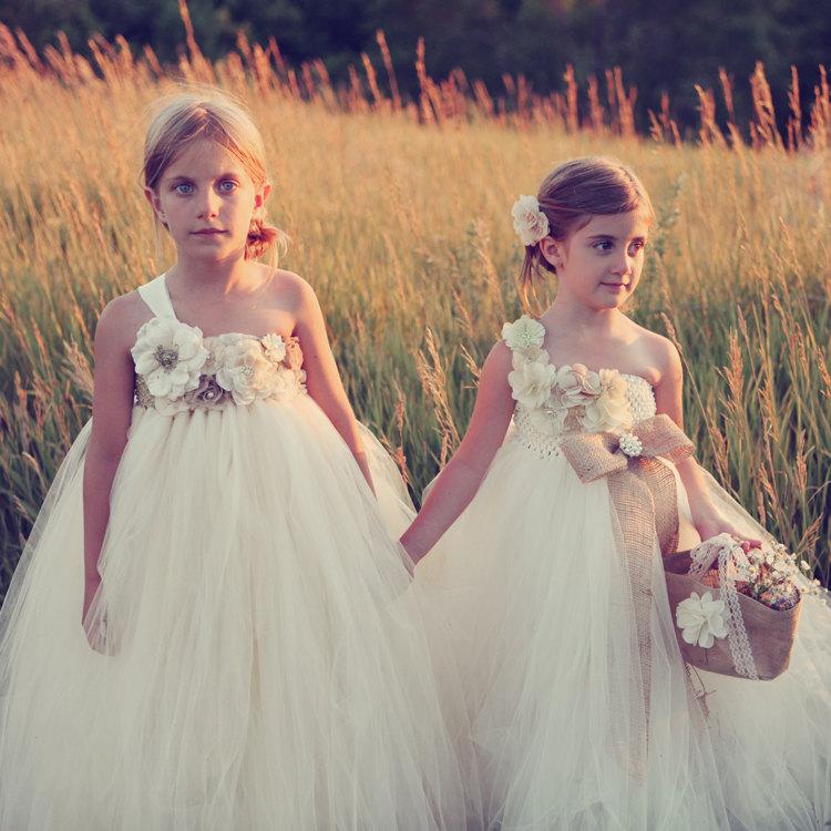 Hochzeit - Ivory burlap flower girl dress, Ivory flower girl dresses, burlap dresses, champagne flower girl dresses, champagne tutu dress, wedding