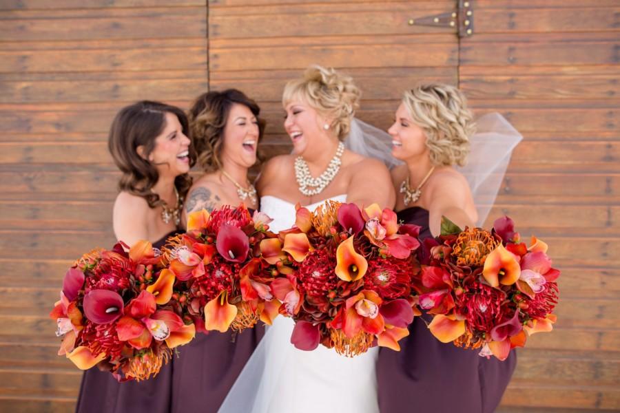Wedding - 8 piece wedding bouquet set Autumn fall real touch orchids calla lilies red orange brown