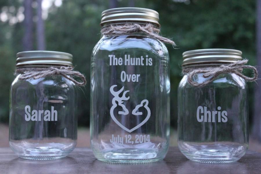 Mariage - 5 Piece mason jar sand ceremony set Deer and Doe heart with The Hunt is Over,4 pouring vases