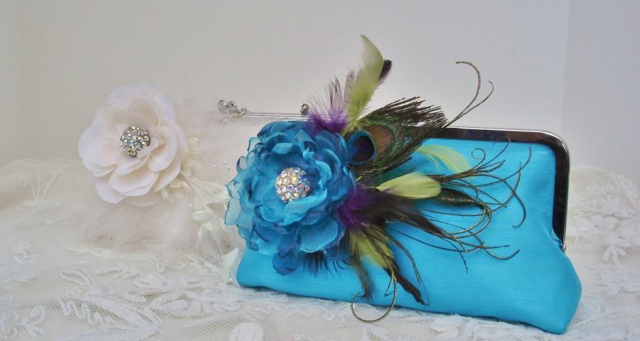 Hochzeit - Turquoise Bridesmaid Clutch / Mother of the Bride /  Evening Bag / Peacock Wedding