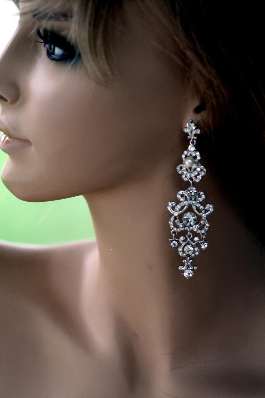 Wedding - Swarovski Bridal Earrings, Pearl earrings, Crystal earrings, Wedding earrings, Rhinestone earrings, Art Deco, Clear,  (Carlina)