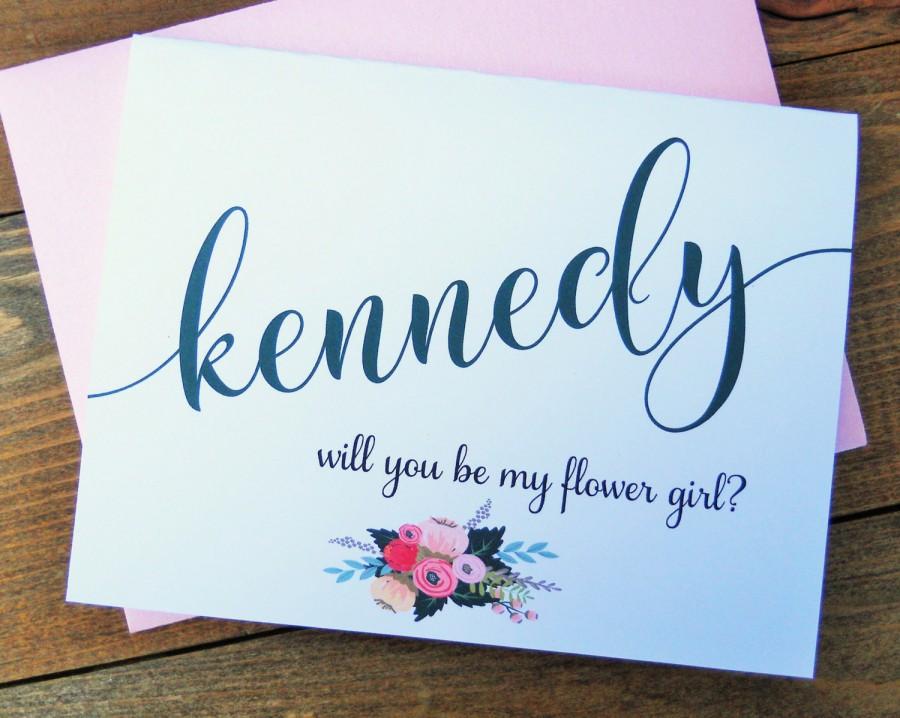Hochzeit - PERSONALIZED Will You Be My FLOWER GIRL Card,  Shimmer Envelope, Flower Girl Gift, Ask Flower Girl, Wedding Note Card