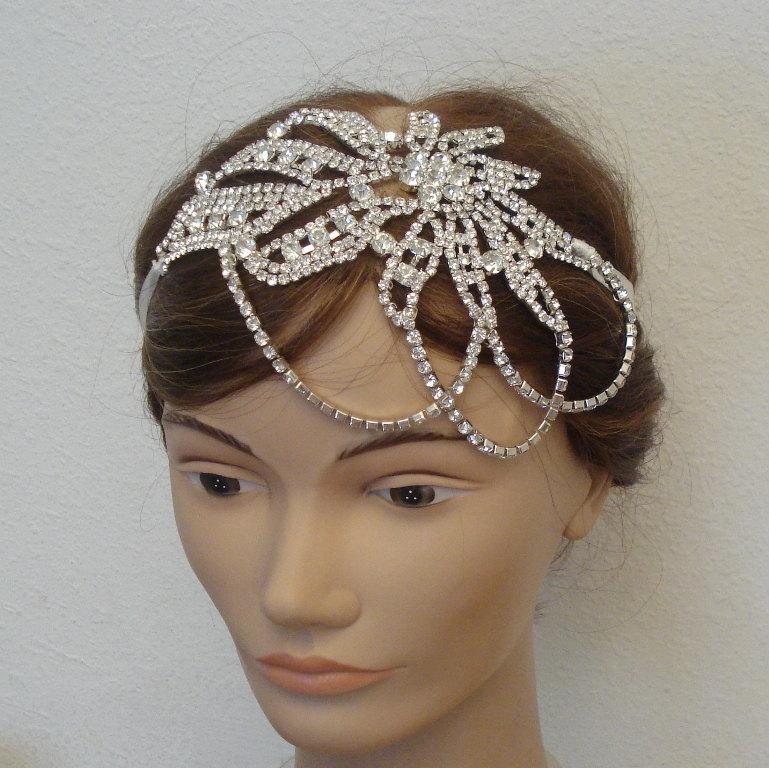 زفاف - Rhinestone Bridal Headband Attached to a Pure Silk Ribbon in Ivory, White, Black - Ships in 2 weeks