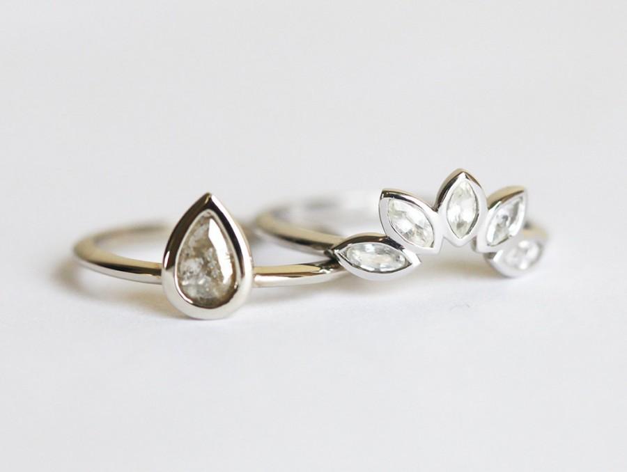زفاف - Wedding Set, Pear Diamond Ring With Curved Diamond Wedding Band, Rose Cut Diamond Ring, 14k White Gold Wedding Band