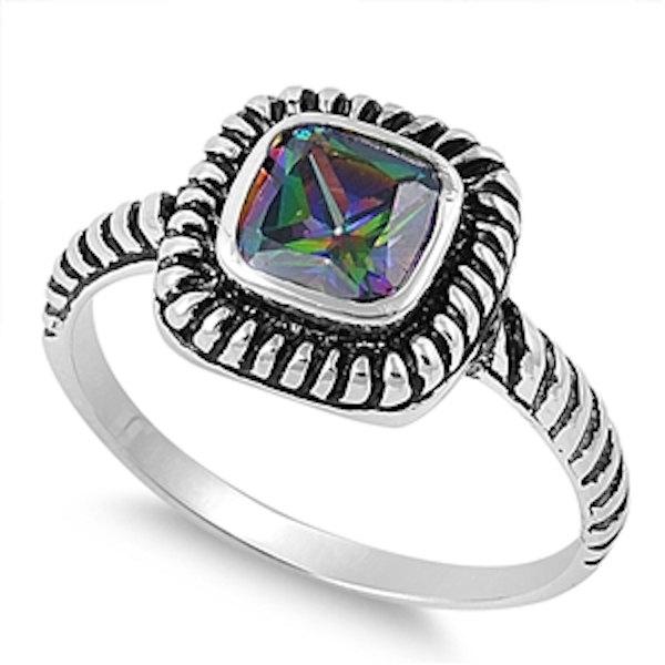 Свадьба - 925 Sterling Silver Solitaire Wedding Engagement Anniversary Ring 1.00 Carat Princess Cut Square Mystic Rainbow Topaz Stripped Band