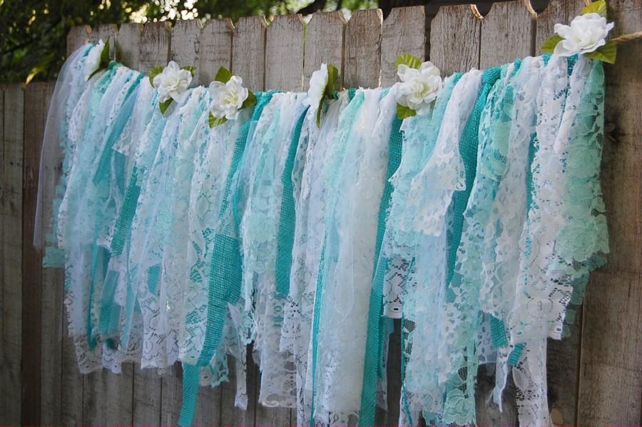 Wedding - Lace Rag Banner, Aqua, White, Rustic, Shabby Chic, Boho Chic, Burlap, Lace Garland, Wedding, Tattered, Turquoise, Fabric, Photo Backdrop