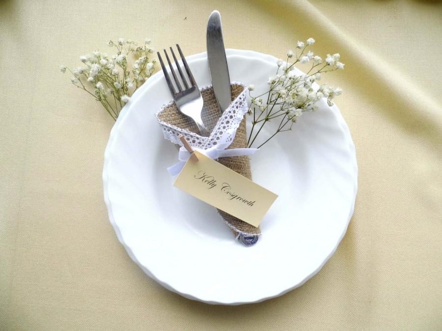Mariage - Burlap wedding silverware holder cone burlap and lace rustic place card, escort card, set of 10