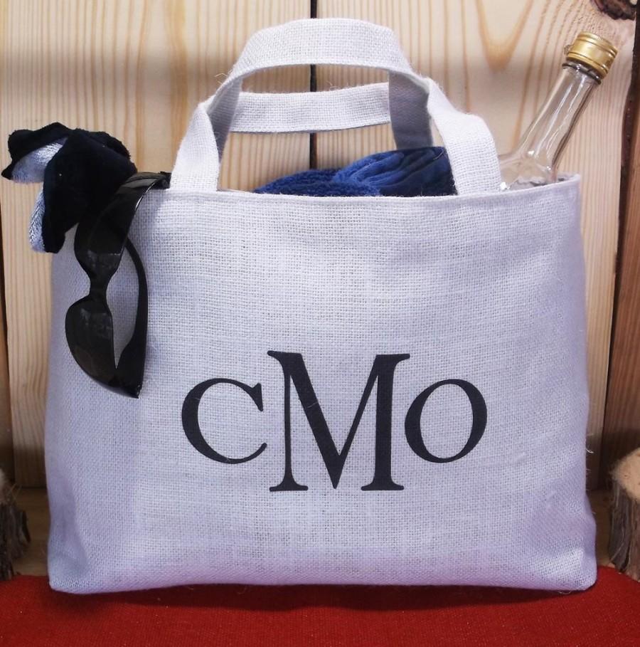Wedding - PERSONALIZED WHITE BURLAP Canvas Lined Tote Bag with Triple Monogram Bride, Bridesmaid, Mother of the Bride, Bachelorette Jute Beach Tote