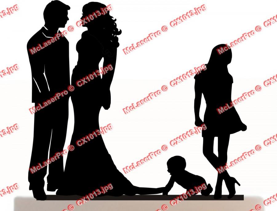 Mariage - Custom Wedding Cake Topper , Couple Silhouette and any kid silhouette of your choise UP to 3 kids with free base for display after the event