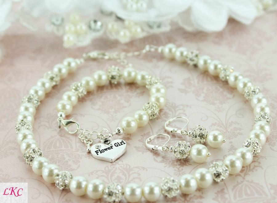 Свадьба - Flower Girl Jewelry - Junior Bridesmaid Gift - Flower Girl Gift - Mini Bride Jewelry - Clip On Earrings - First Communion Jewelry Set -