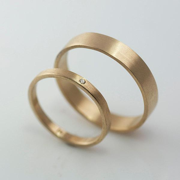 Wedding - Recycled Hand Forged 14k Yellow Gold Ring Band Set Satin Finish Eco Friendly Metal Diamond