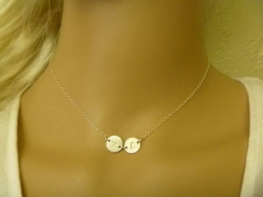 زفاف - Two Initial Necklace - Hand Stamped Sterling Silver Disc 3/8" - Friendship Necklace - Sisters - Bridesmaids Gift - Couples - Mommy necklace