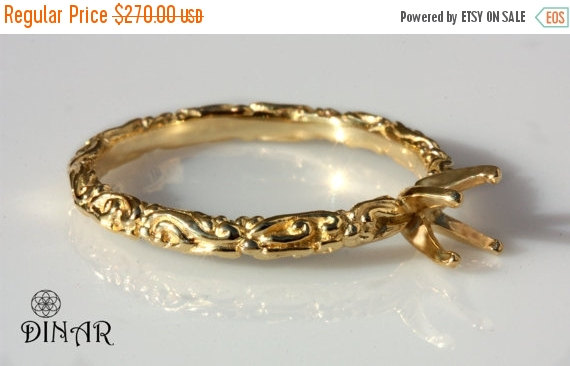 زفاف - Ready to ship 14k Gold Hand Engraved Engagement Ring Setting, 4 Prong ring mounting , yellow gold art deco scrolls engagement solitaire ring