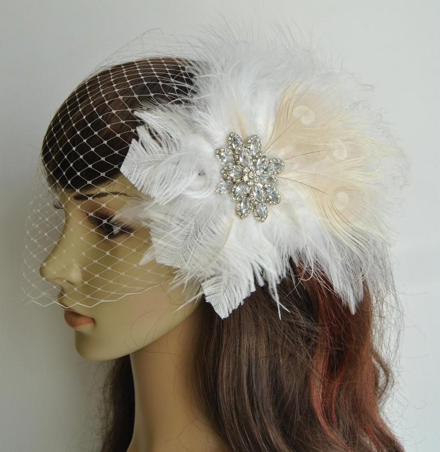 Wedding - Fascinator and bridal veil, Rhinestone Bridal Ivory Fascinator, Bridal Feather Fascinator,Wedding Bridal Birdcage Veil,