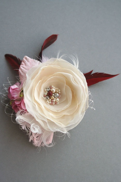 Wedding - Wedding Hairpiece, Bridal Flower Hair Clip Vintage Rustic Flower Headpiece Feather Hair Accessory Fascinator  Ivory Champagne Pink Marsala