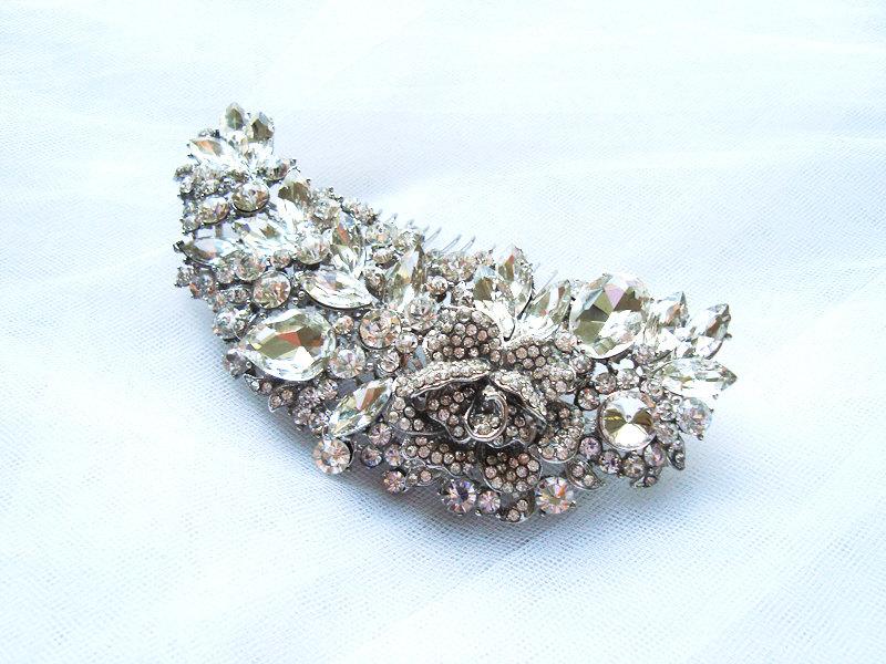 Hochzeit - SALE - VALENTINA - Large Stunning Vintage Inspired Crystals Rhinestones Bridal Hair Comb, Wedding Headpiece, Rhinestone Bridal Hair Comb