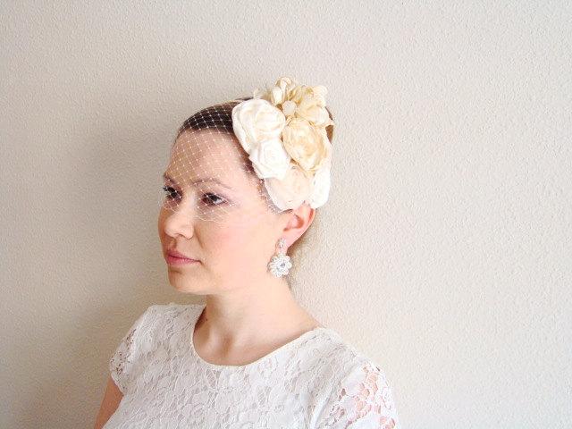 Wedding - Champagne Veil, Champagne Bridal Hair Accessories, Birdcage Veil with Bridal Headband, Flower Headband Fascinator, Champagne Head Piece