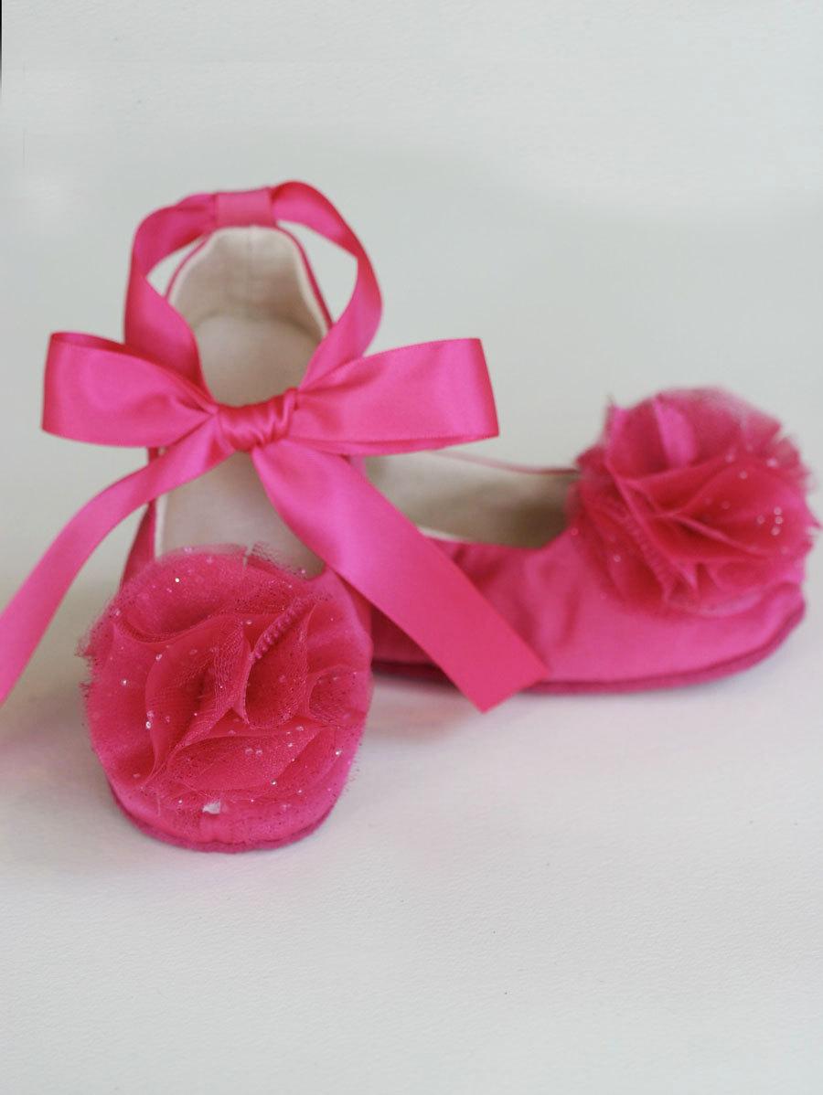 Hochzeit - Fuchsia Satin Baby Shoe, Satin Flower Girl Ballet Flat, Easter Toddler Couture Ballet Slipper, Girls Wedding Shoe Dance Crib Shoe Baby Souls