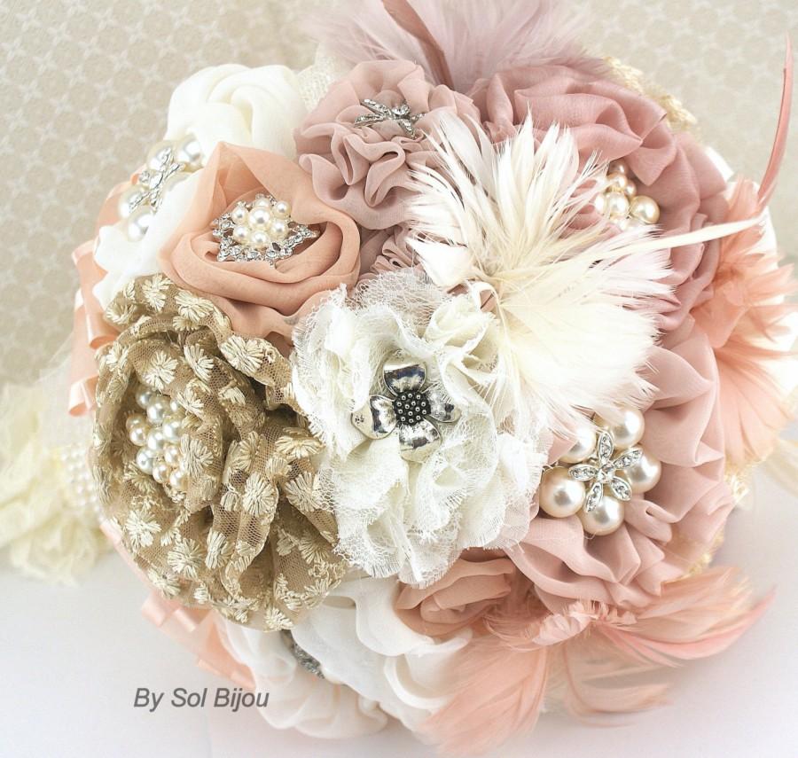 Hochzeit - Brooch Bouquet, Vintage Style, Ivory, Champagne, Blush, Rose, Dusty Rose, Feather Bouquet, Crystals, Lace, Pearls, Elegant, Lace Bouquet
