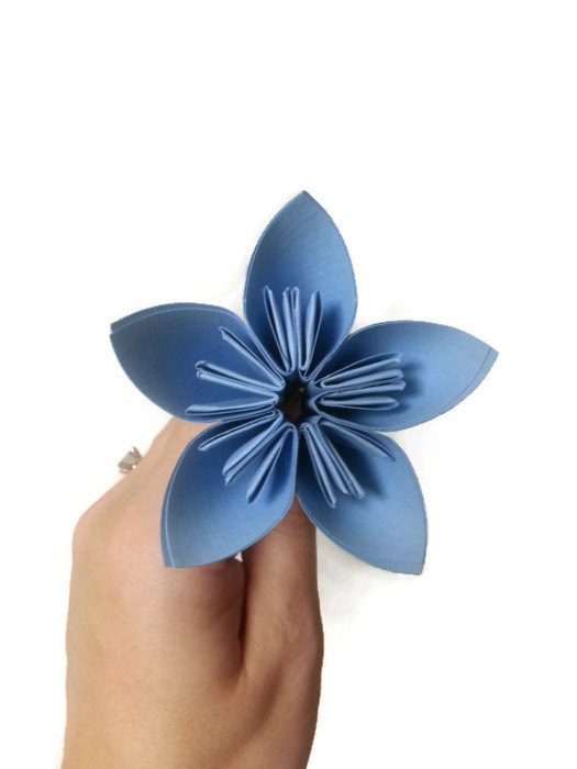 زفاف - Light Blue Kusudama Origami Paper Flower with Green Wire Stem