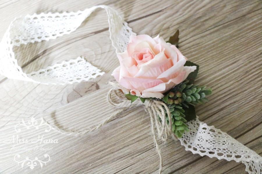 Hochzeit - Rustic Vintage Wrist corsage, Wrapped In Lace, Blush pink roses corsage, bulap twine Chic Romantic Elegant bridesmaid woodland wedding
