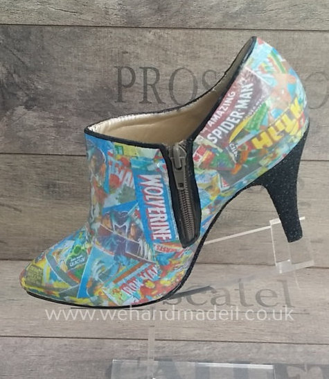 Wedding - Custom comic ankle boots decoupage/paint/glitter. Any style, size or colour. Wedding shoes, prom shoes, custom glitter shoes made to order