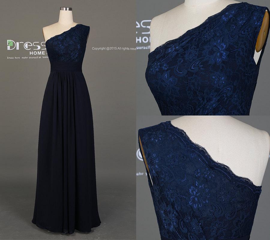 Mariage - New Navy Blue One Shoulder Long Prom Dress/Navy Lace Bridesmaid Dress/Prom Dress Long/Long Bridesmaid Dress/Navy Prom Dress/Party DressDH496